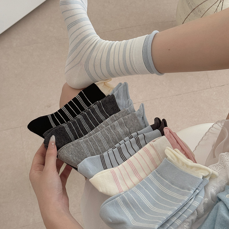 여성용 삼선 스트라이프 배색 골지 롤업 중목 양말 사계절 캐주얼 삭스