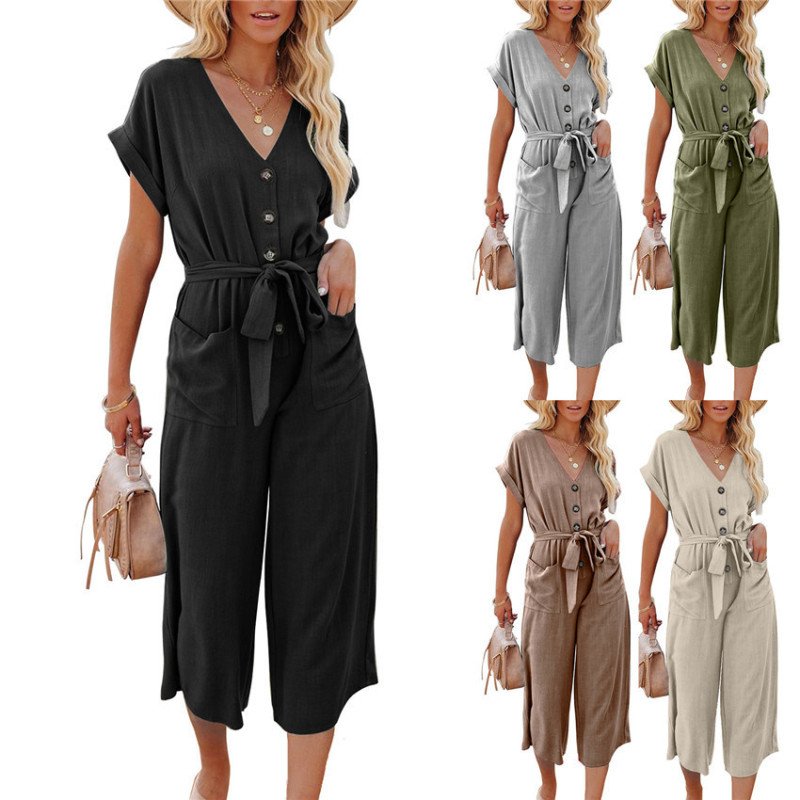 Cross-Border European and American Clothing 2022 Summer New Amazon Hot Style Loose Casual V Neck Lace-Up Flap Pocket Pants Jumpsuit Cross-Border European and American Clothing 2022 Summer New Amazon Hot Style Loose Casual V Neck Lace-Up Flap Pocket Pants Jumpsuit