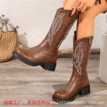冬季新品西部牛仔个性舒适复古风大码刺绣中筒女士皮靴子外贸女鞋