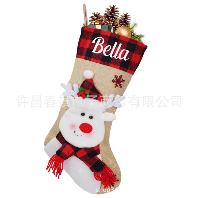 个性化刺绣新款麻布圣诞袜格子老人雪人鹿半立体圣诞树礼物装饰品|undefined