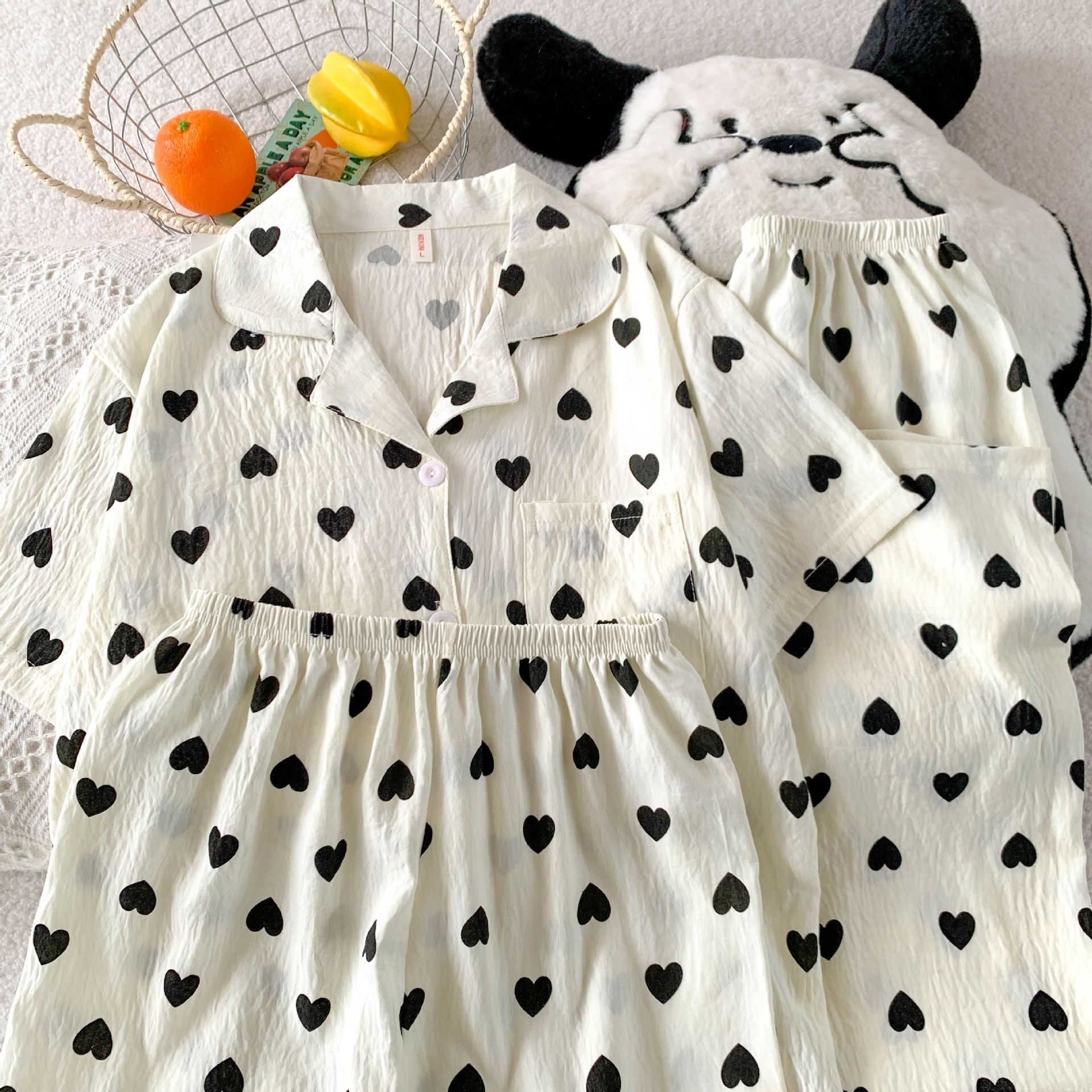 Volumen de carrera transfronterizo verano nuevo pijama amor de las mujeres pantalones cortos largos de manga corta traje de tres piezas de algodón nube ropa de hogar se puede usar afuera