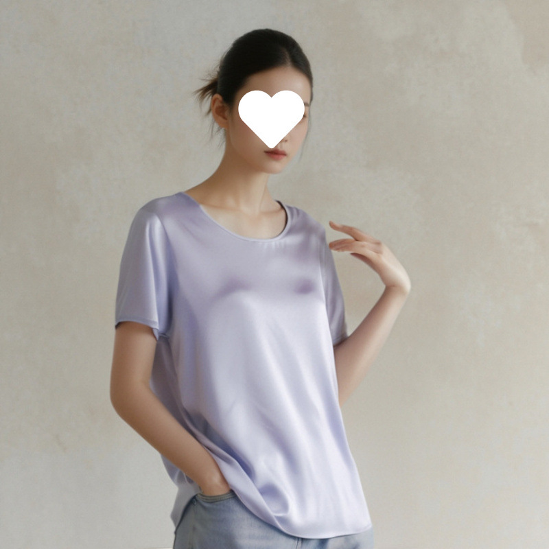 Heavy Weight 22 Mumi Mulberry Silk Satin Round Neck Mulberry Silk T-Shirt Top Short-Sleeved Shirt Women's Spring and Summer New Generation