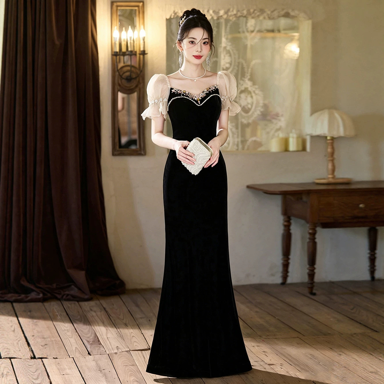 New Black Evening Gown Light Luxury French Mermaid Dress For Banquet Hostess Women's Wedding Party Wear_ecoleips.com