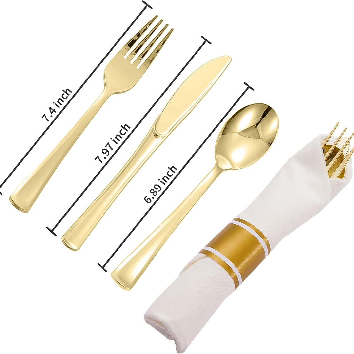 Cuchillo de plástico desechable chapado en oro, tenedor y cuchara para cuchillo de plástico, tenedor y cuchara de restaurante occidental