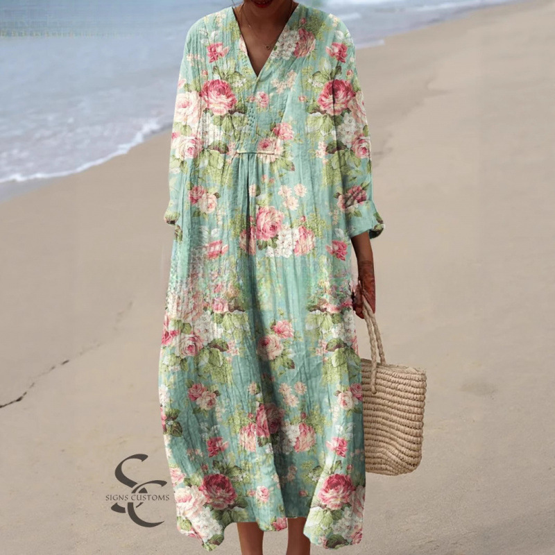 Cross-Border Independent Long-Sleeved Shirt Dress for Women Casual Floral Print Sleeve Long Dress