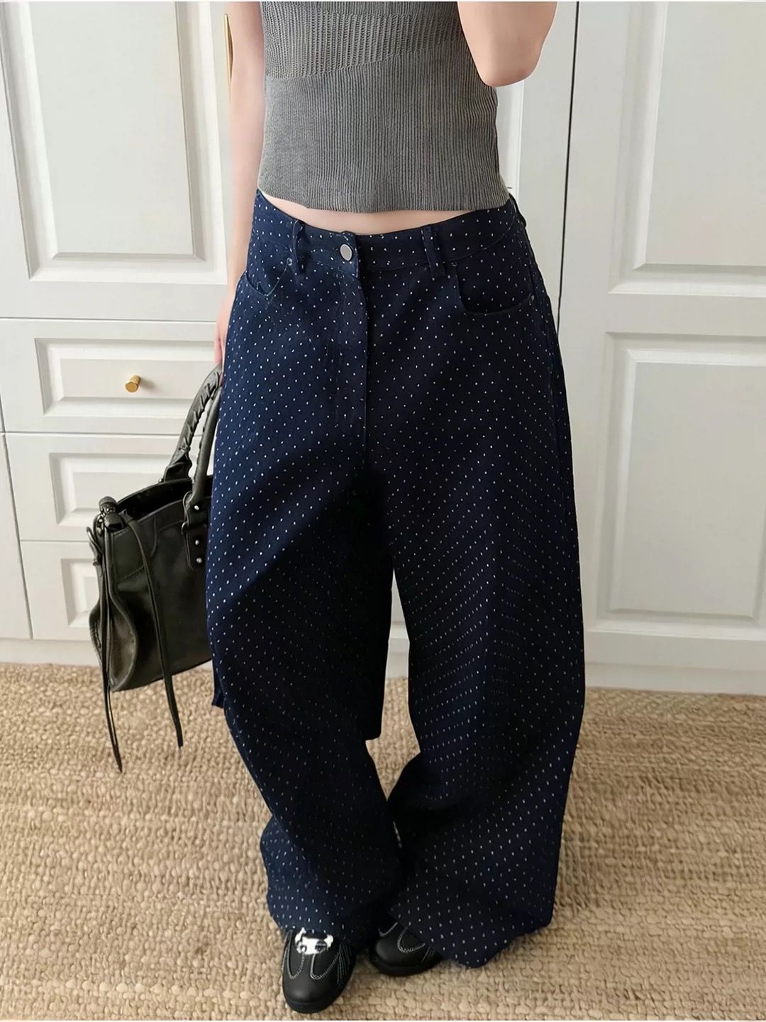 American retro polka dot design curved hem jeans for women, 2026 summer new casual loose wide-leg pants
