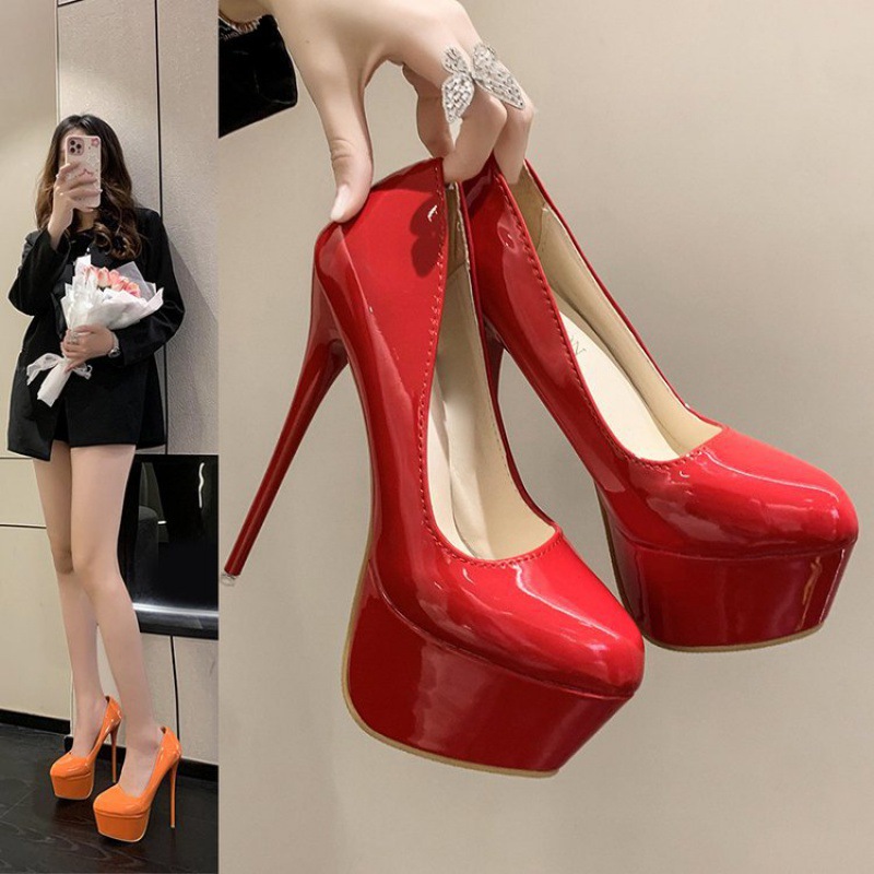 16CM 가을 새로운 하이힐 싱글 레이어 신발 여성 컬러 매칭 얇은 굽 섹시한 싱글 레이어 신발 플랫폼 방수 슈퍼 하이힐 나이트 클럽 여성 신발 트렌디