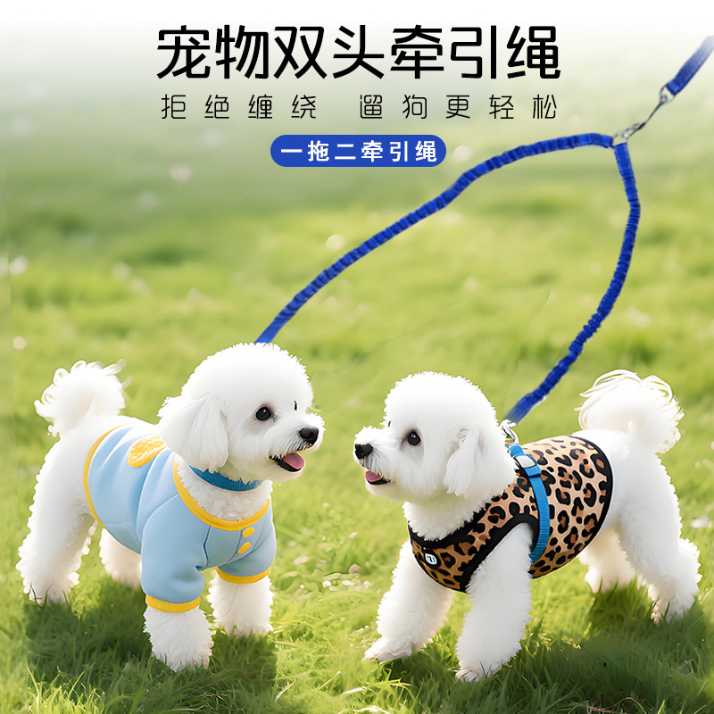 Amazon Venta caliente correa elástica de doble cabeza correa de perro un arrastre dos perro cinturón elástico a prueba de explosiones correa para mascotas