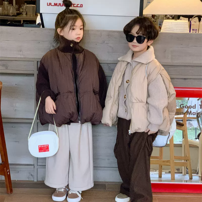 韩版男女童羽绒服2023冬季新款儿童白鸭绒羽绒马甲宝宝纯色面包服