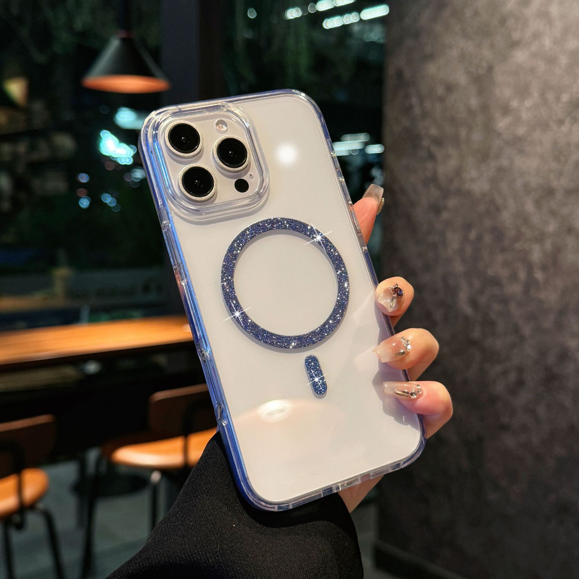 Funda magnética con brillo de cristal de alta transparencia, adecuada para iPhone 17 PRO MAX, iPhone 14, iPhone 15, marco anticaída con bloques de color.