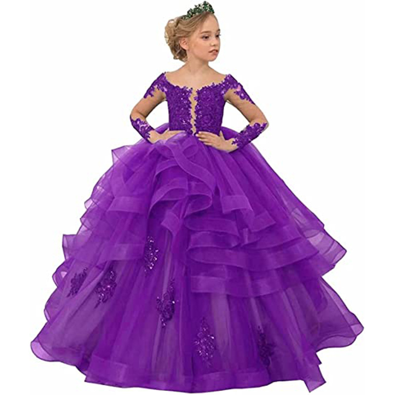 Nuevo vestido de novia para niños europeos y americanos de manga larga para niñas de cumpleaños de rendimiento de encaje vestido de pastel de princesa hinchada