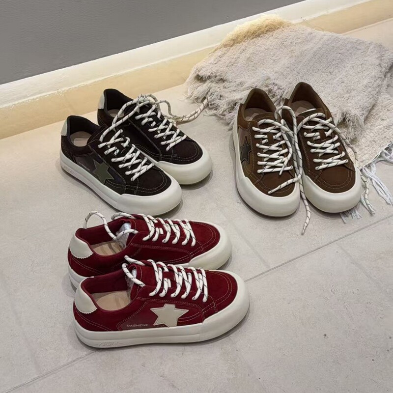 Star-patterned velvet, popular Korean-style lace-up casual shoes, new thick-soled, height-increasing, round-toe, retro, trendy women's shoes