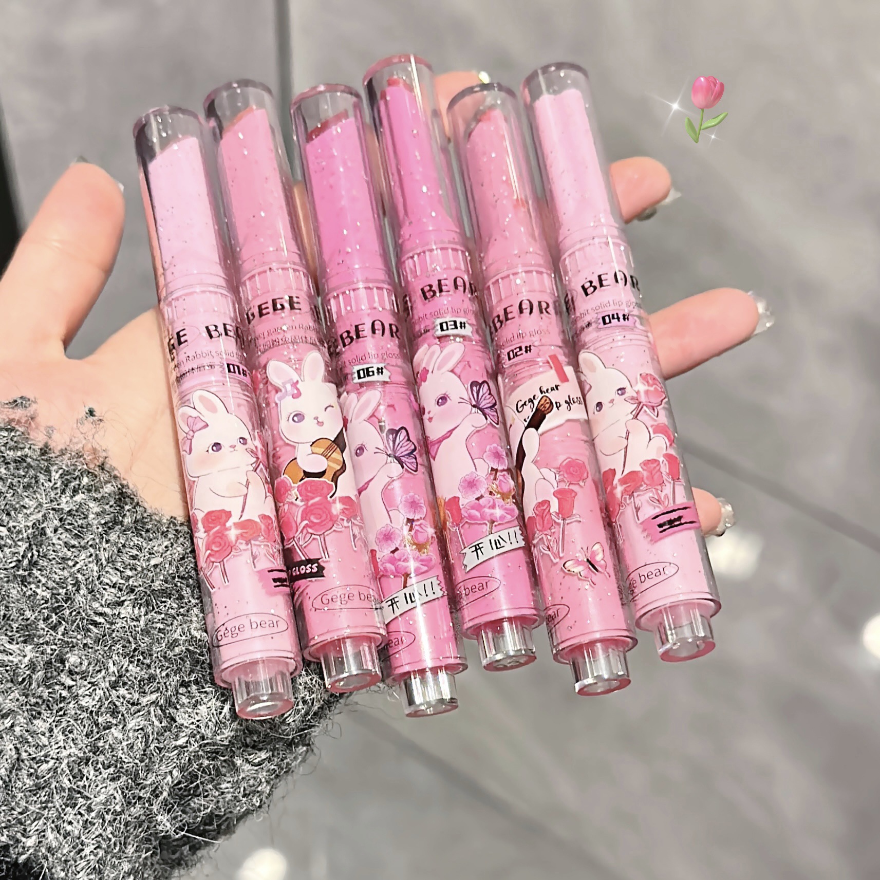 Gege bear Garden Pink Rabbit Solid Lip Gloss Water Mirror Moisturizing and Hydrating Fine Sparkling Lip Gloss Specification drawing