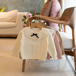 Dropshipping Spring and Autumn Girls New Lace Bow Sweater Cardigan N390
