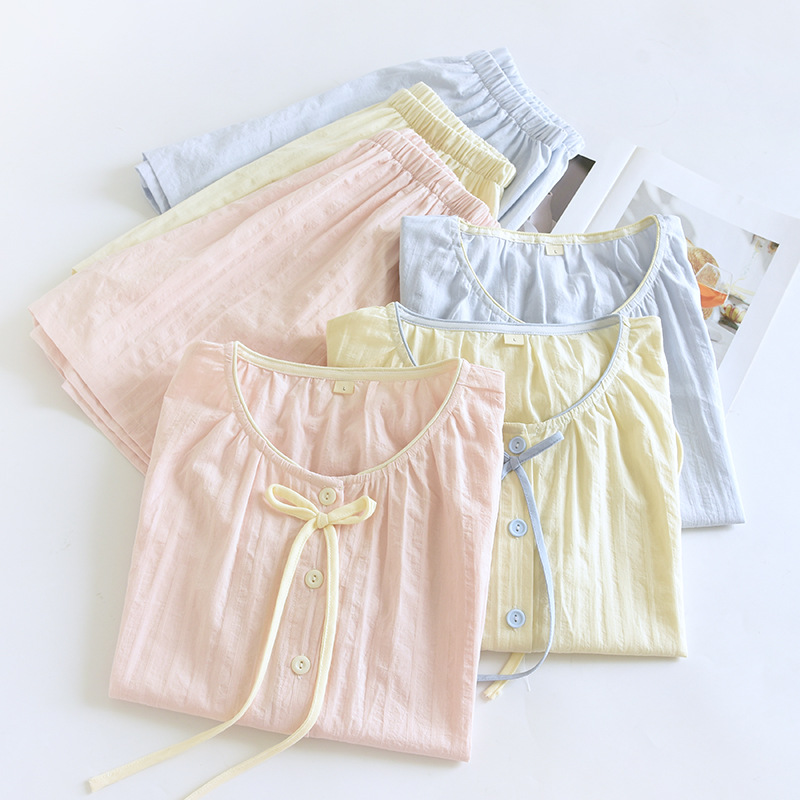 New Pure Cotton Double-Layer Gauze Pajamas Women's Short-Sleeved Shorts Summer Thin Sweet Home Clothes Set Can Be Worn Outside