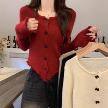 法式木耳边蝴蝶结纽扣针织开衫女秋季洋气减龄修身软糯毛衣打底衫