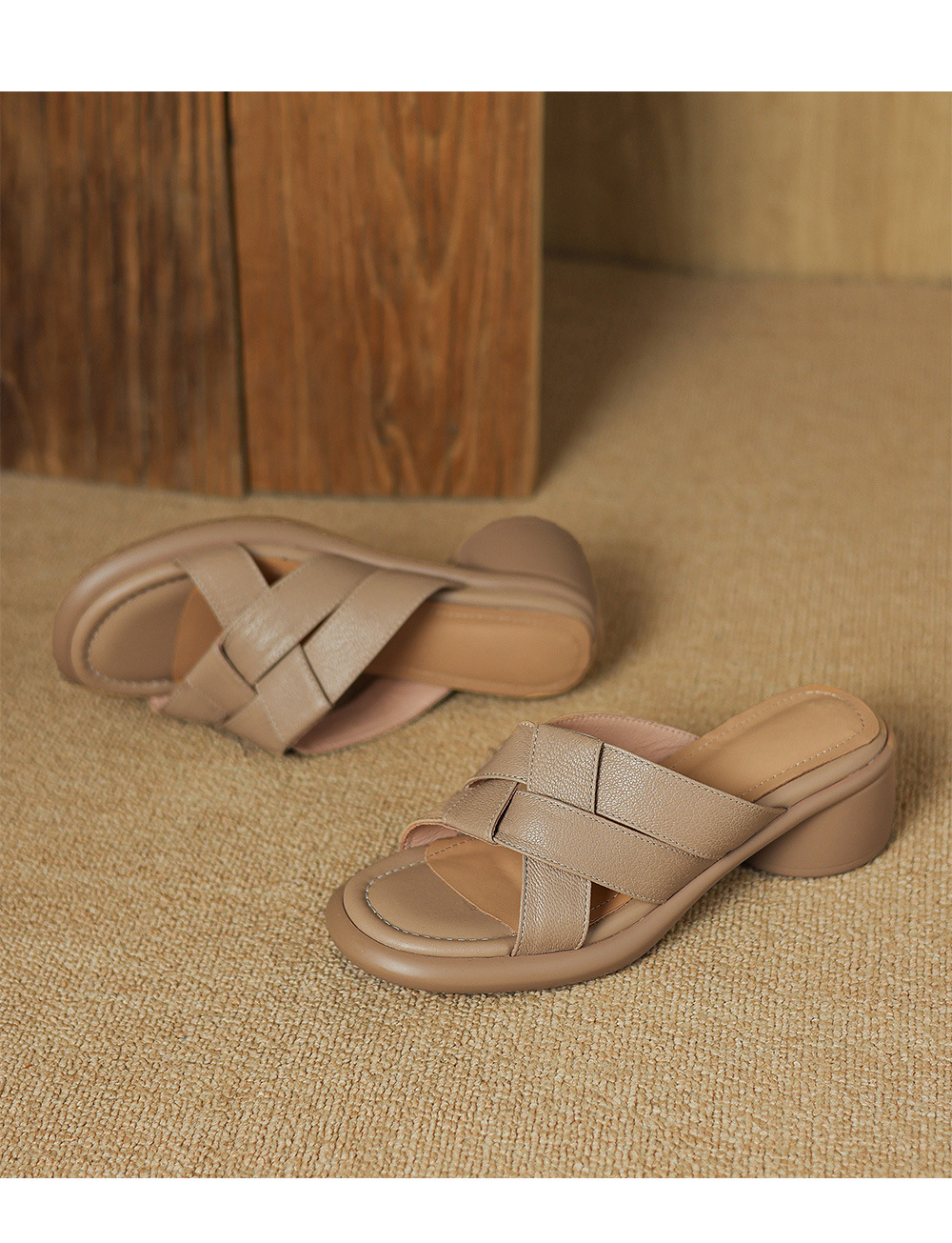 Sandal nữ hở mũi dệt da dê gót cao 7 cm — màu trắng ngà chi tiết 14
