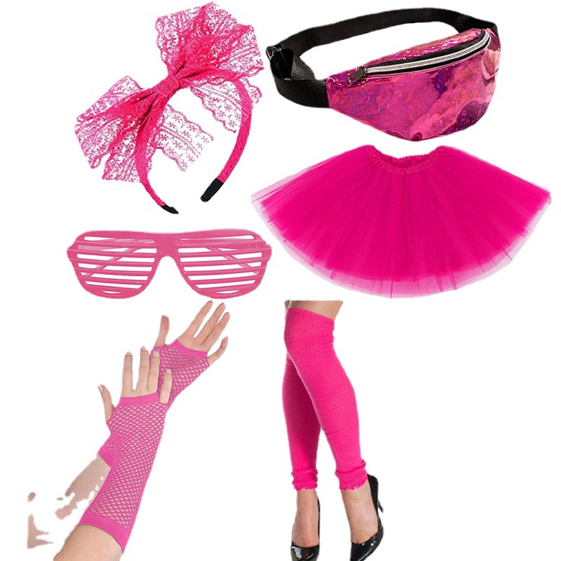 80's Rose rojo diadema gafas rodilla guantes cintura bolsa carnaval partido traje de la danza