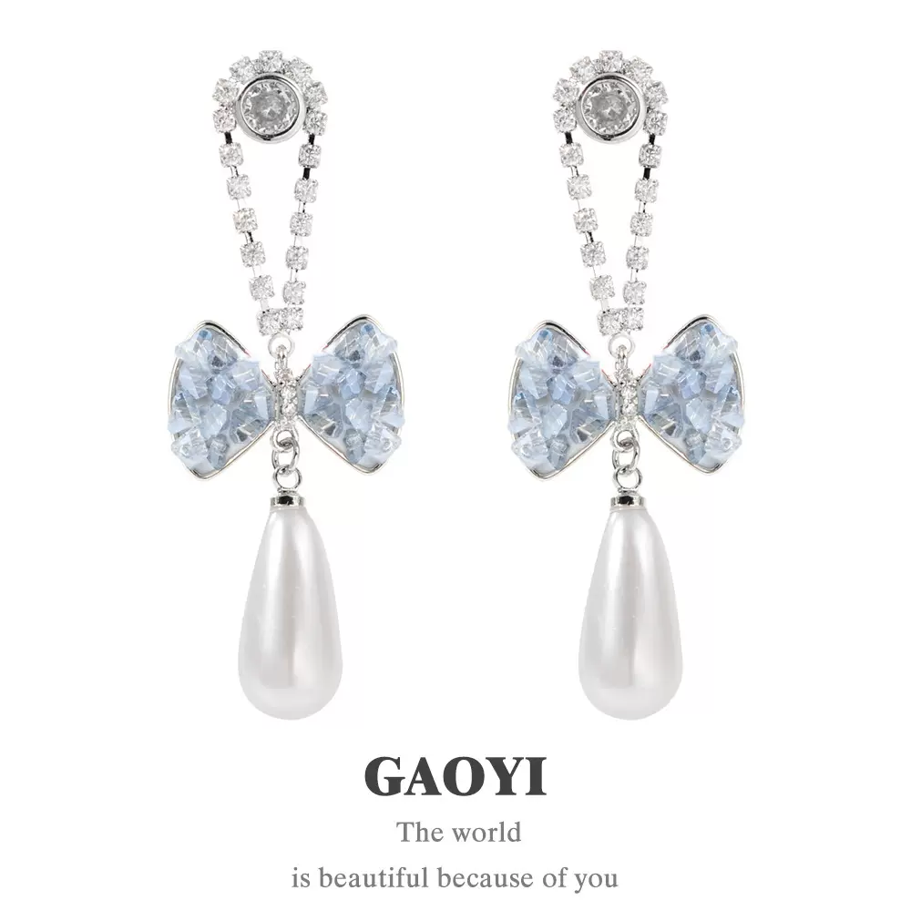 法式复古水晶蝴蝶结水滴仿珍珠耳环 轻奢高级感超仙气质耳钉耳饰