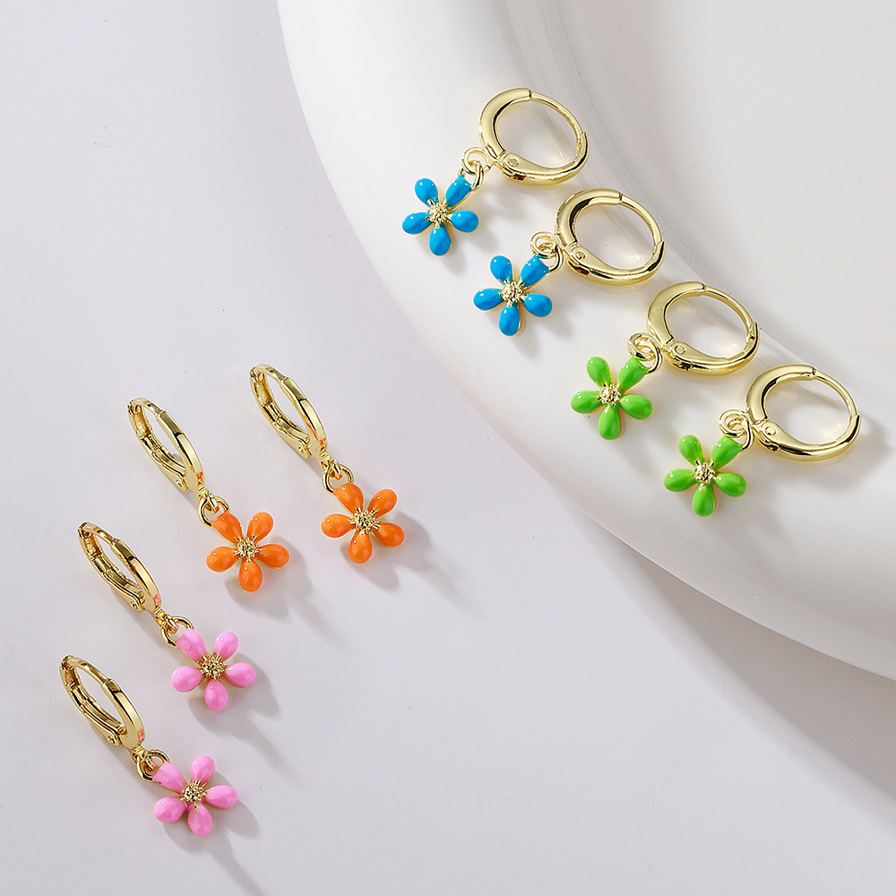 Fashion Flower Copper Enamel Gold Plated Drop Earrings 1 Pair