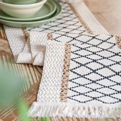 Emmanuel Vignette Table Banner Cotton Linen Rhombus Yellow and Black Plaid Color Black Cotton Thread Woven Tassel Natural Material American Holiday
