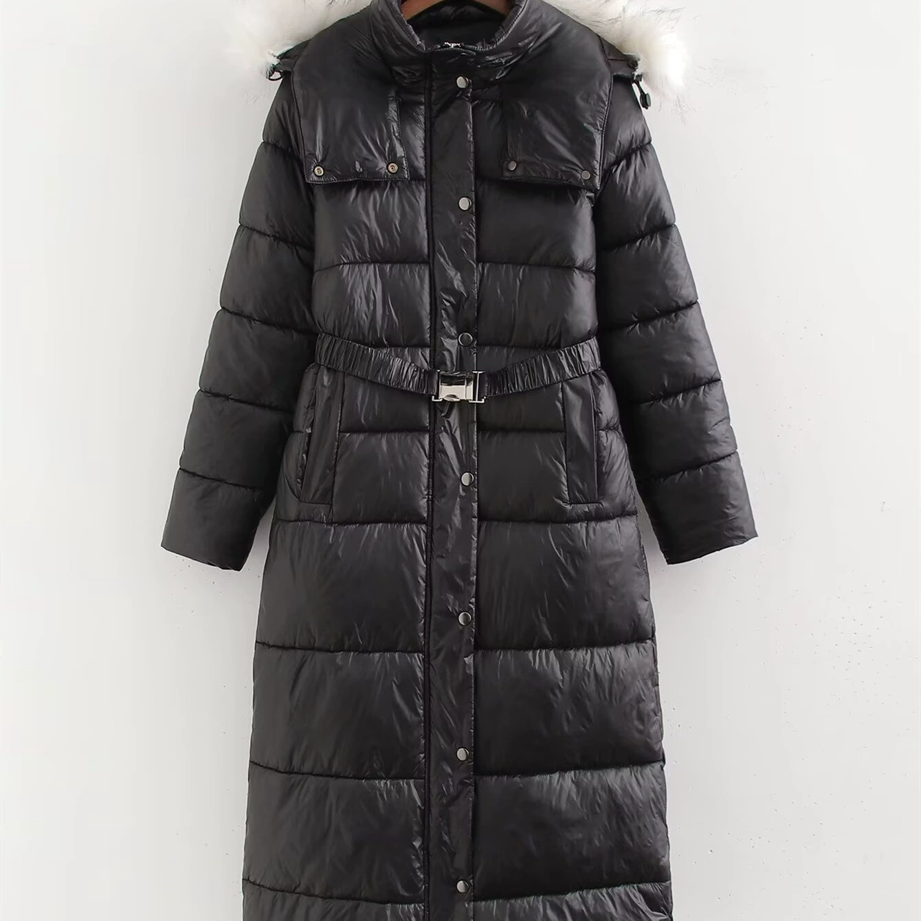 PB&ZA Женское новое модное длинное хлопковое пальто с меховой отделкой на осень/зиму 2024 года, теплое и стильное.