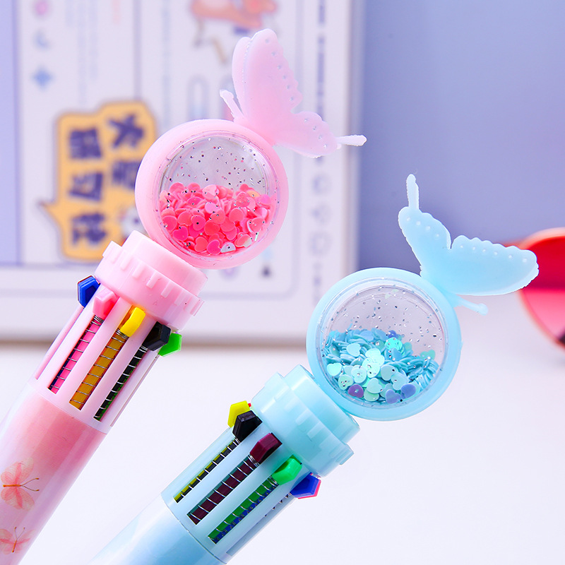 Mariposa creativa bolígrafo de 10 colores lentejuelas mano cuenta multicolor prensa pluma estudiante aprendizaje papelería suministros color pluma