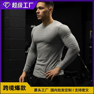 跨境外贸春秋长袖T恤男圆领运动跑步健身服肌肉训练休闲打底上衣
