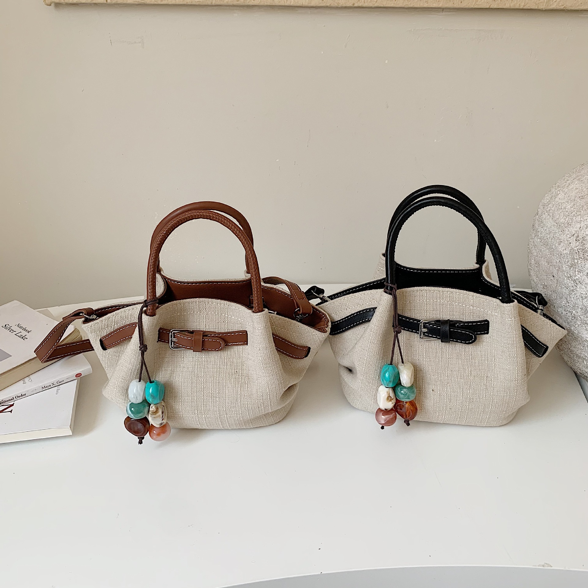 Bolsa de cestas de color transfronterizo estilo extranjero moda lino bolsa de cubo de moda simple ocio diario mochila de hombro