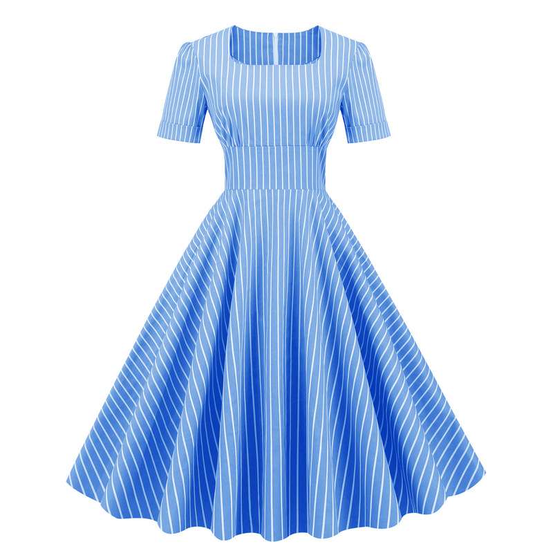 European and American 50 s Retro Hepburn Style Square Collar Striped Sexy Slim-fit Waist High Waist Elegant Picnic Dress for Women