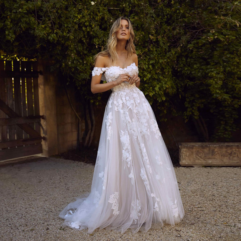 Vestido de novia elegante europeo y americano, estilo Amazon, AliExpress, Wish, con hombros descubiertos, encaje, largo y elegante, para la noche.