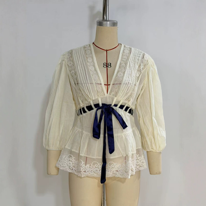 European and American Style Lace Patchwork Ruffled V-Neck Tie-Waist Shirt for Women, Casual Puff Sleeve Trendy Top European and American Style Lace Patchwork Ruffled V-Neck Tie-Waist Shirt for Women, Casual Puff Sleeve Trendy Top
