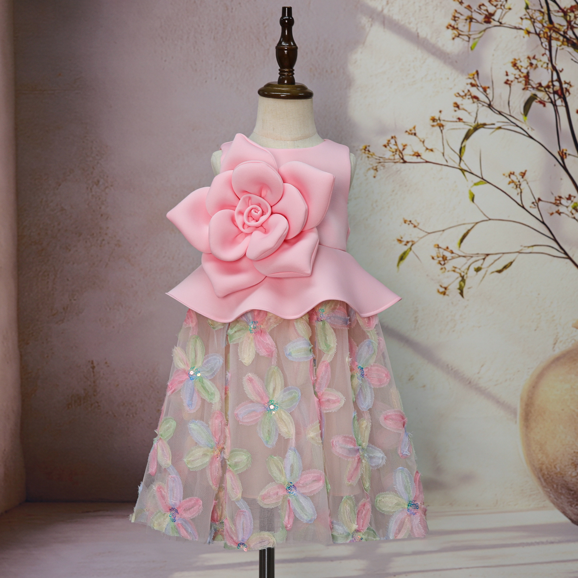 周岁儿童礼服蓬蓬花童生日女童公主裙宝宝轻奢立体花朵主持演出服