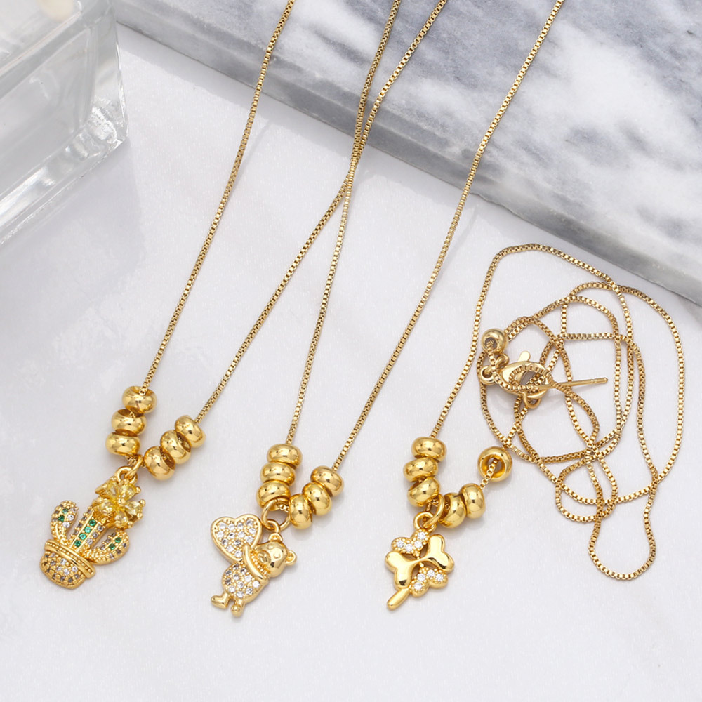 Fashion Simple Cactus Heart Shaped Bear Pendant Clavicle Chain Female