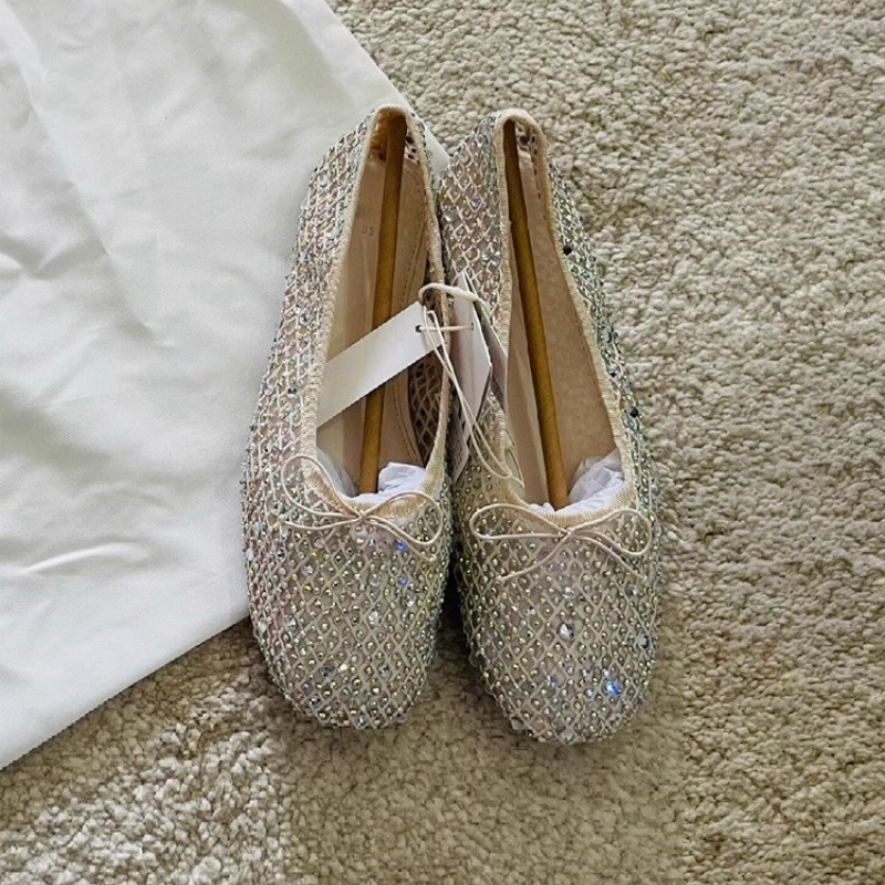 (in Stock) 2025 New Summer Breathable Rhinestone Mesh Bow Ballet Mary Jane Flats for Women