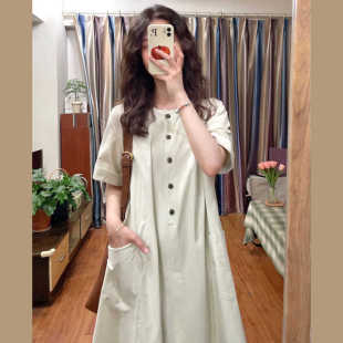 Women's Summer New Artistic Retro Japanese Style Long Dress Loose Casual Slimming Short-sleeved dress for Small and Lazy Style