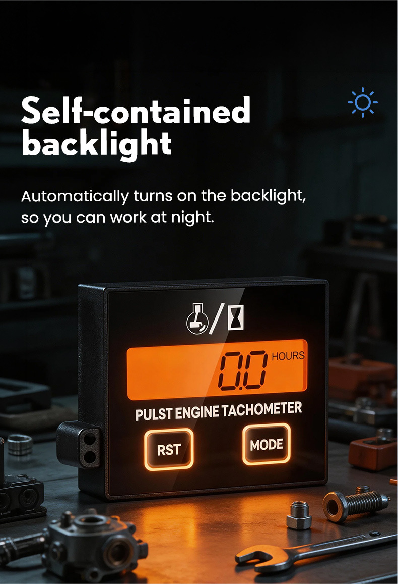 Inductive digital display tachometer for 2-stroke and 4-stroke engines, lawn mower oil accumulation timer tachometer