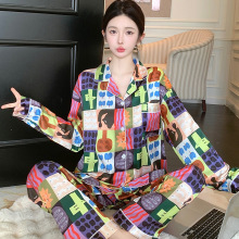 新款小众设计感长袖睡衣女春秋季仿真丝印花开衫翻领舒适两件套装