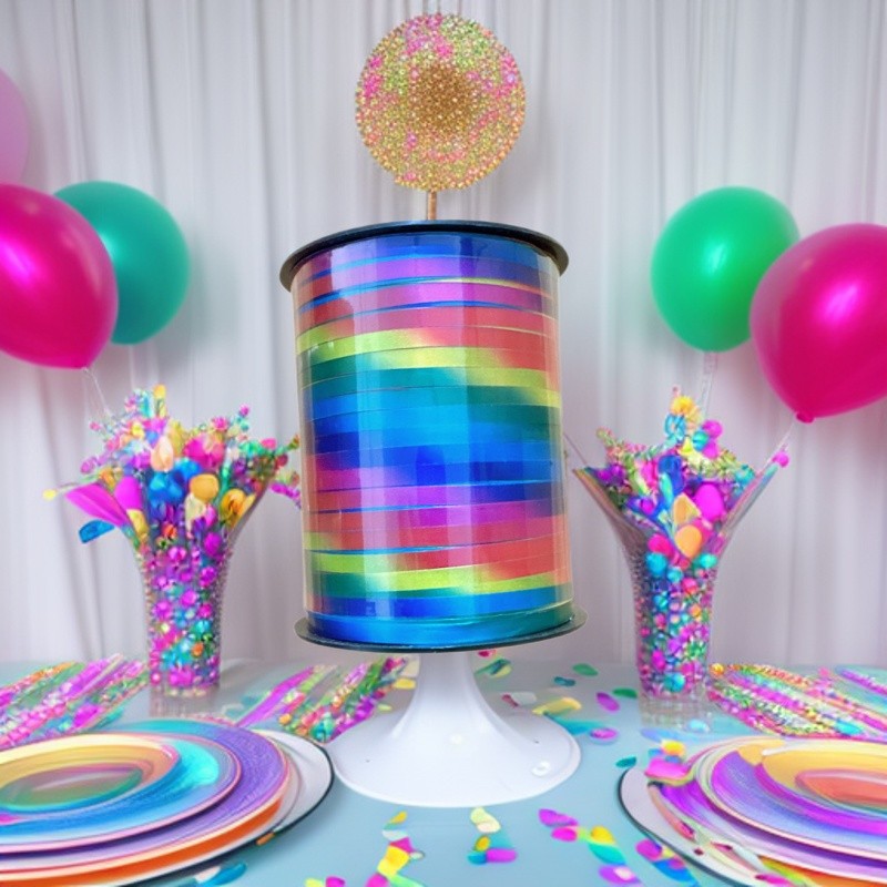 250 yardas de cinta de película arcoíris con revestimiento láser para pancartas de fiestas de cumpleaños, decoración de salones de boda, y varias longitudes disponibles.