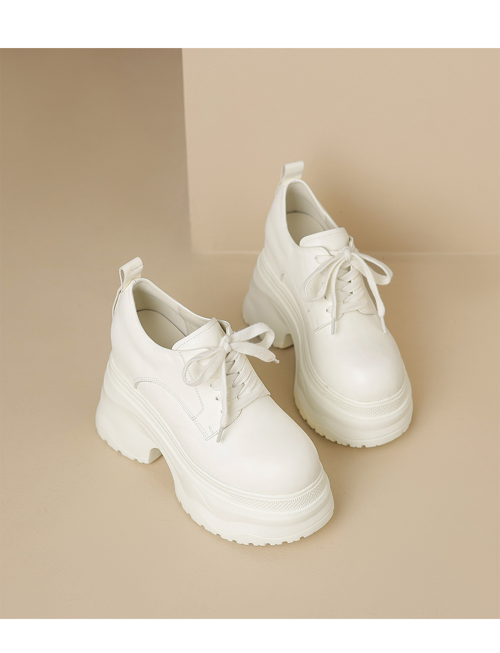 Giày sneaker nữ chunky đế dày phối màu mùa thu 2025, da bò thật, tăng chiều cao 12cm, buộc dây — Màu đen, Màu xám trắng, Màu trắng chi tiết 15