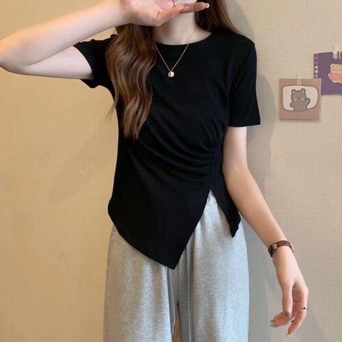 Unstructured Women's T-Shirt 2025 Summer Korean Version Slimming High-Waisted Side Slit French Splicing T-shirt Top