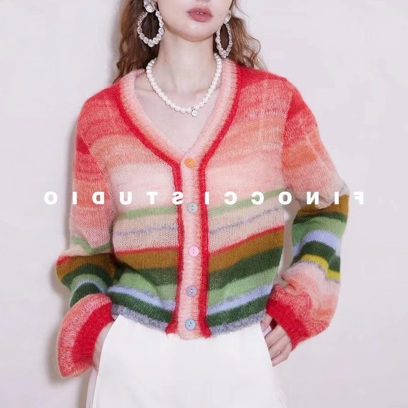 FINOCI Spring South African Imported mohair rainbow contrast color retro chic high-end lantern sleeve wool cardigan
