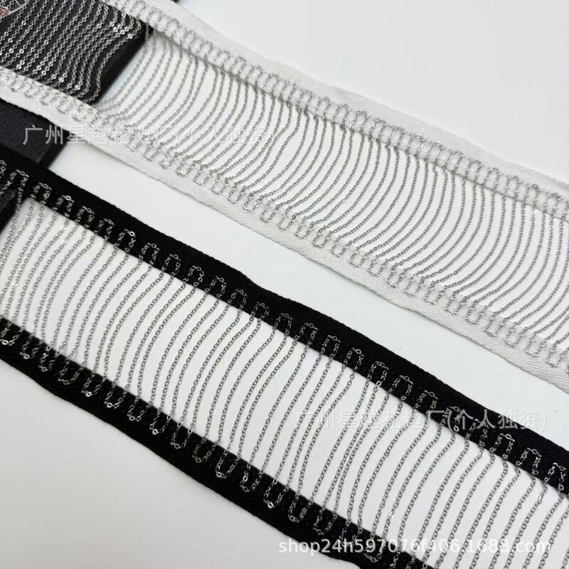 In-Stock Machine-Embroidered Bead Chain Classic Style Double Zigzag Strap with Middle Bead Chain Tassel Lace Garment Accessories