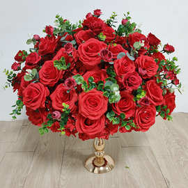 红色3d玫瑰尤加利人造花球户外婚礼餐桌中心摆件迎宾区路引烛台花