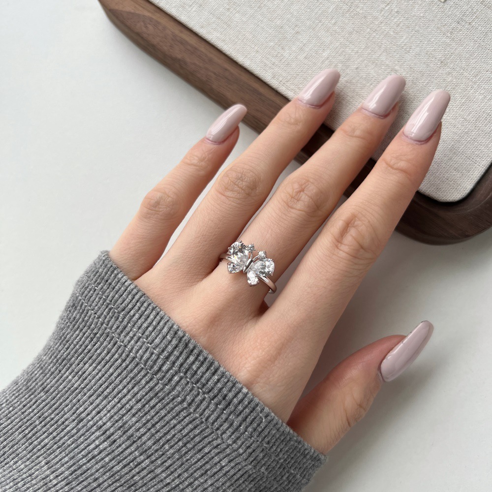 5g Weight Zircon Inlay Material Open Rings, Rings Classification 6, 9, Adjustable Ring Size 1 Piece Quantity Daily, Tea Party Occasion 925 Sterling Silver Material Butterfly Pattern Women's Gender Inlay Design Sweet, Shiny Style 925 Sterling Silver Zircon Butterfly Open Rings Rings 17