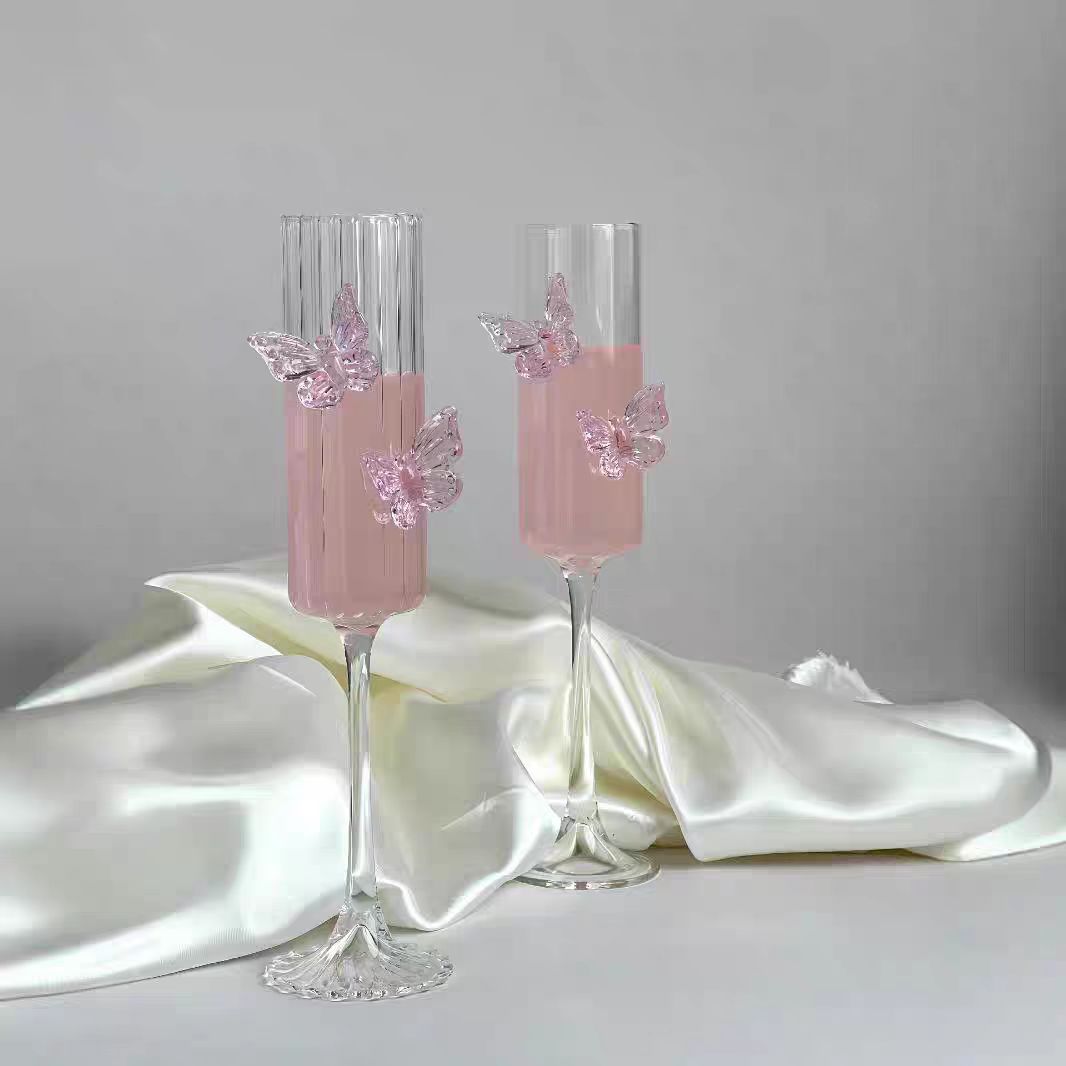 Tazas de alto valor de vidrio de borosilicato, tazas de champán mariposa, tazas de cóctel, tazas de mujer