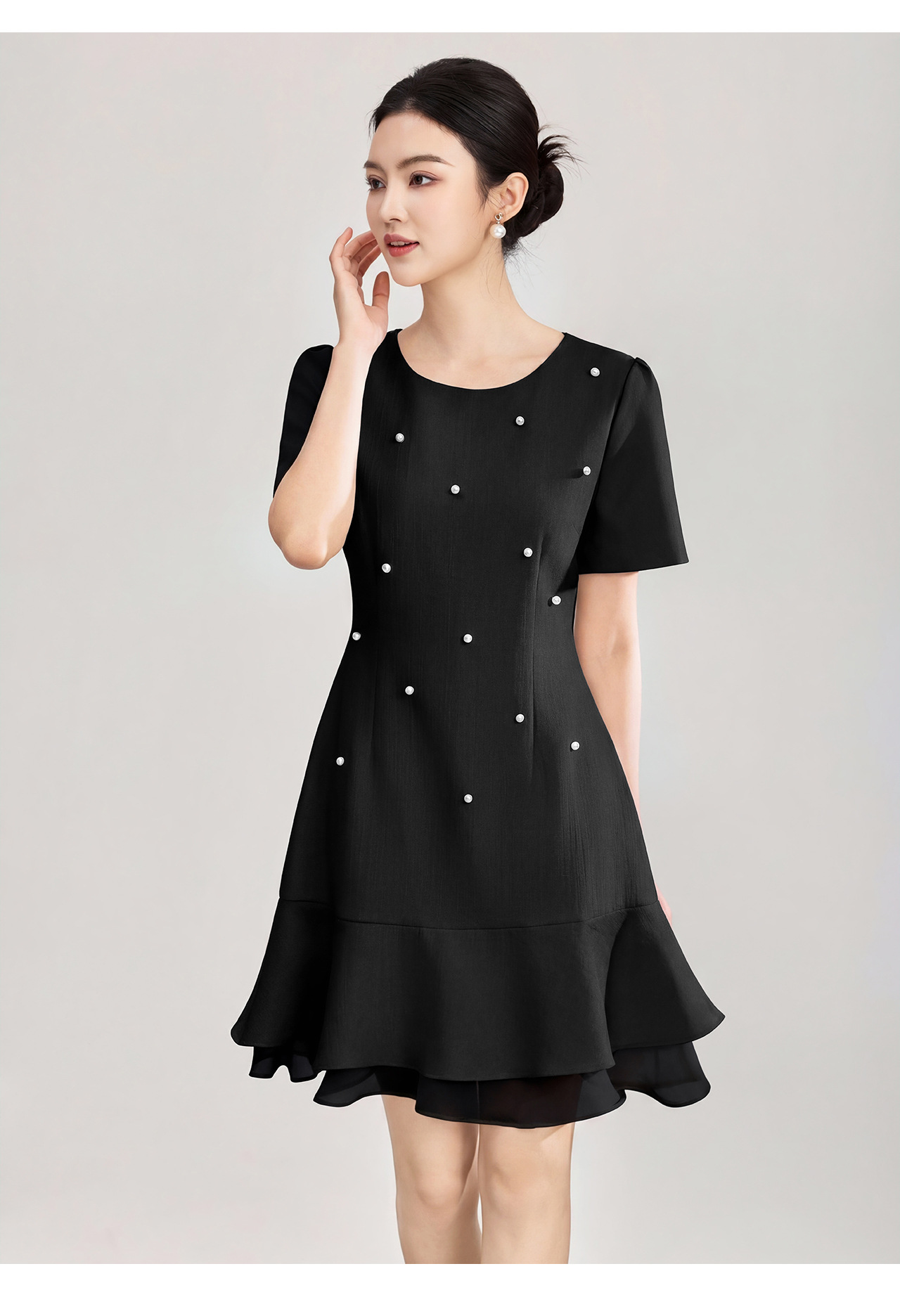 Váy maxi nữ thắt eo kiểu Pháp phong cách thiên kim đính châu lá sen — màu đen chi tiết 17