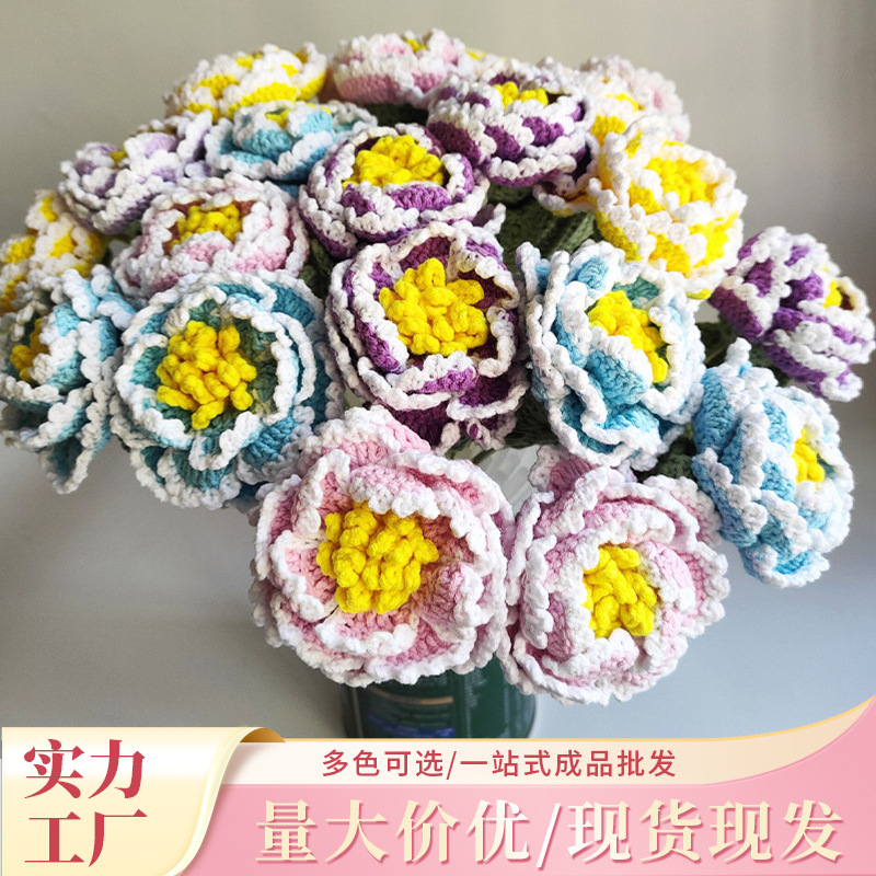 Xuefeier lana tejida peonía flor gradiente color multi-pétalo flor artificial decoración del hogar flor eterna en stock