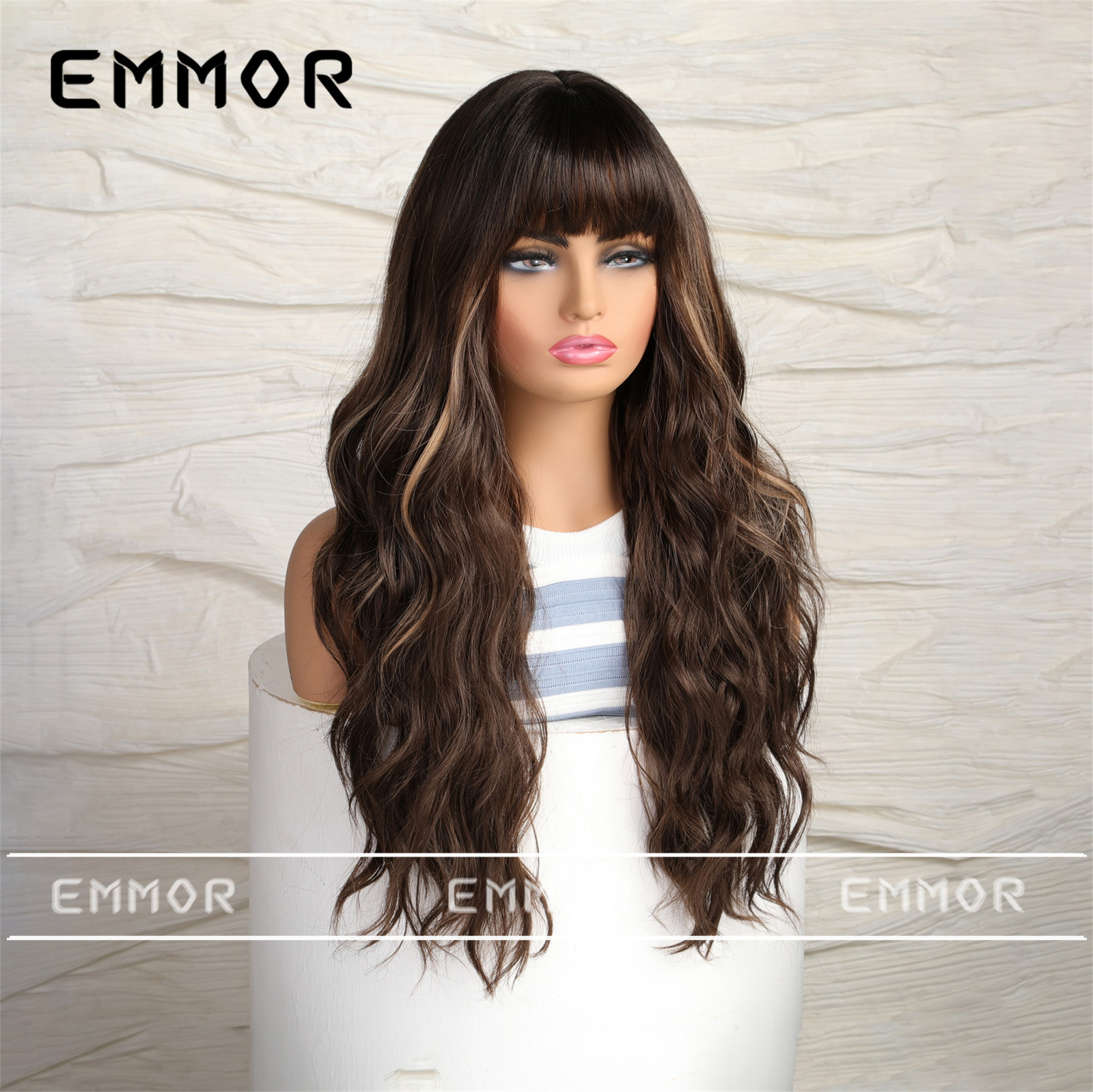 2024 nuevo comercio exterior resalte marrón recto Bangs onda grande Pelo Rizado largo europeo y americano peluca pelo completo tipo de pelo