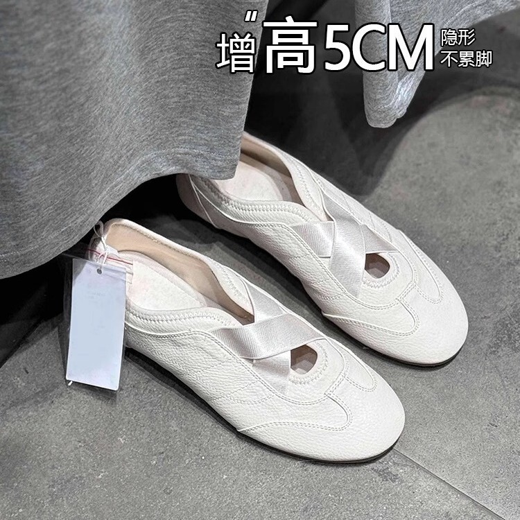 Genuine Leather Inner Height 5cm Mary Jane Shoes 2025 New Summer Cross-Strap Sports Ballet Style Versatile Flats for Women